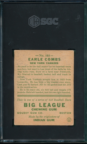 1933 Goudey #103 Earl Combs SGC Authenitic