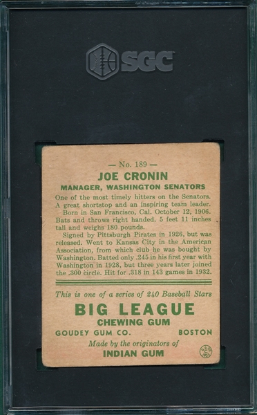 1933 Goudey #189 Joe Cronin SGC 1.5