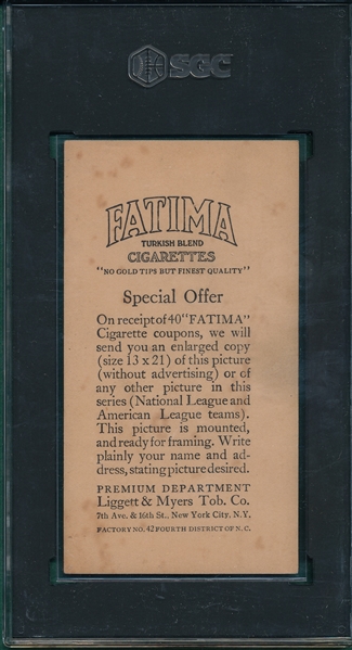 1913 T200 Washington Americans Fatima Cigarettes W/ Walter Johnson, SGC 3.5