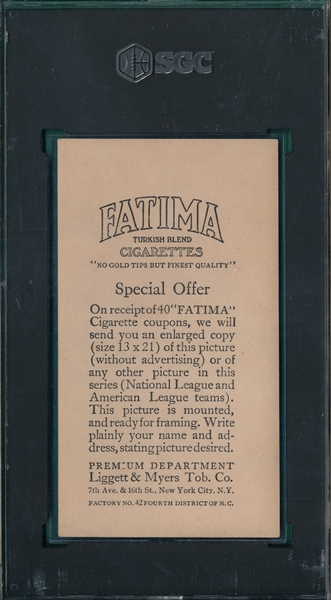 1913 T200 Cincinnati Nationals Fatima Cigarettes W/ Tinker, SGC 4