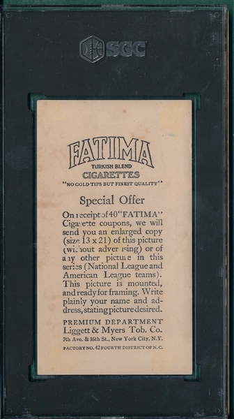 1913 T200 New York Nationals Fatima Cigarettes W/ Mathewson & Jim Thorpe, SGC 2.5