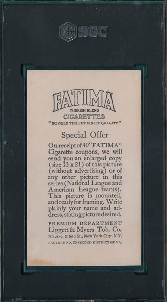 1913 T200 St. Louis Nationals Fatima Cigarettes SGC Authentic
