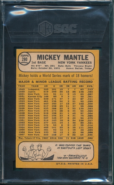 1968 Topps #280 Mickey Mantle SGC 5