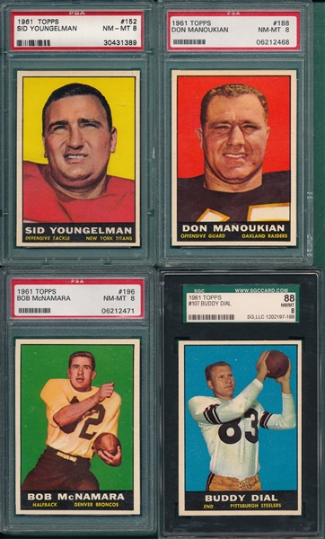 1961 Topps Football Lot of (4) W/ #152 Youngelman PSA 8
