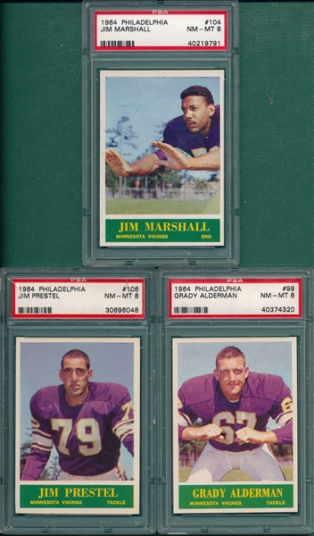 1964 Philadelphia Football Lot of (3) W/ #104 Jim Marshall PSA 8