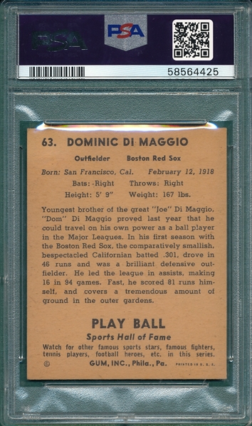 1941 Play Ball #63 Dom DiMaggio PSA 7 *Rookie*