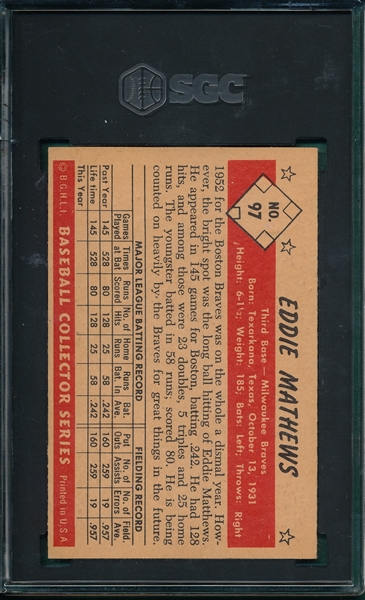 1953 Bowman Color #97 Eddie Mathews SGC 6.5
