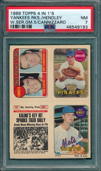 1969 Topps Baseball 4 In 1's, Yank Rookies/Cannizaro/WS Gm 5/Hendley, PSA 7 