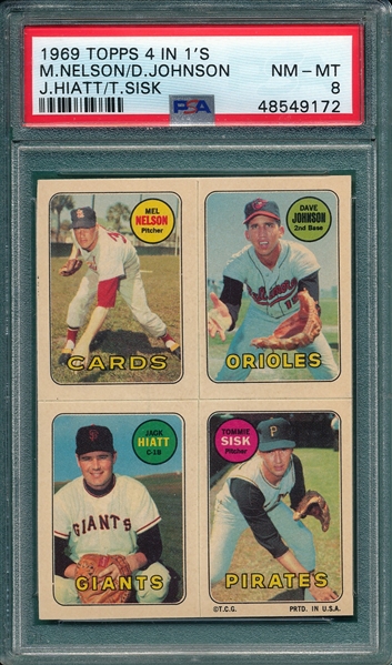 1969 Topps Baseball 4 In 1's, Nelson/Johnson/Hiatt/Sisk, PSA 8