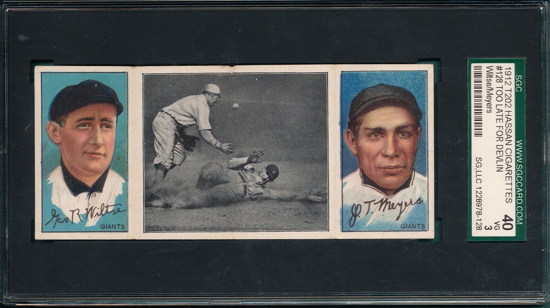 1912 T202 Too Late For Devlin, Wiltse/ Meyers, Hassan Cigarettes Triple Folder SGC 40