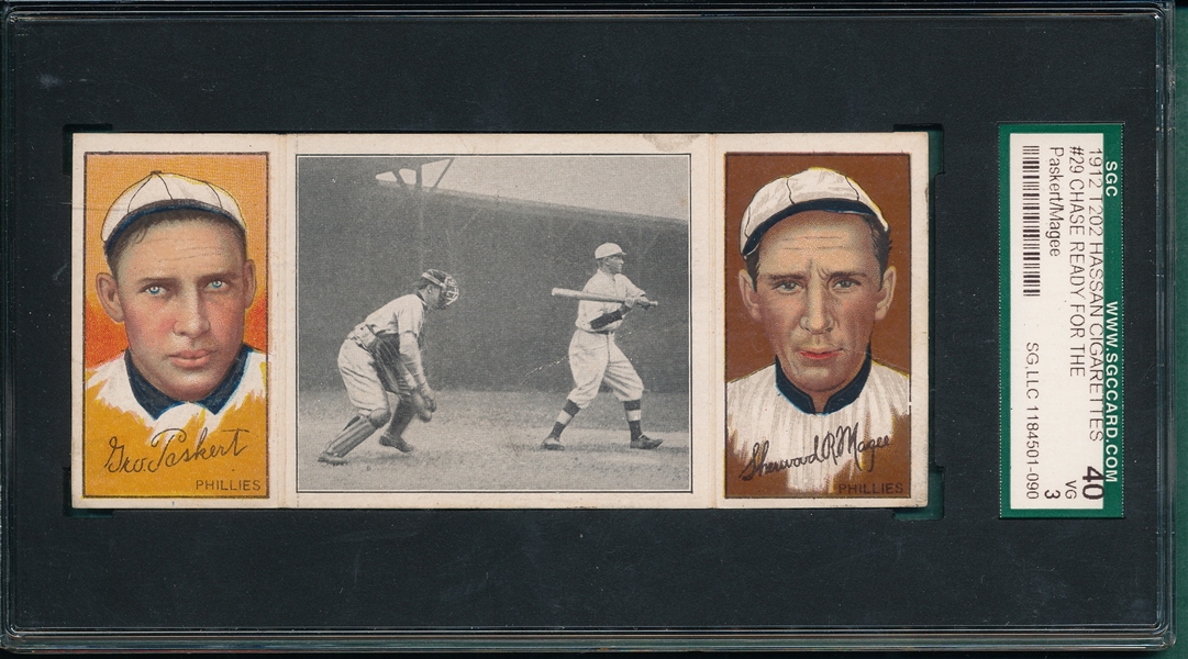 1912 T202 Chase Ready For the Squeeze Play, Paskert/Magee, Hassan Cigarettes Triple Folder SGC 40
