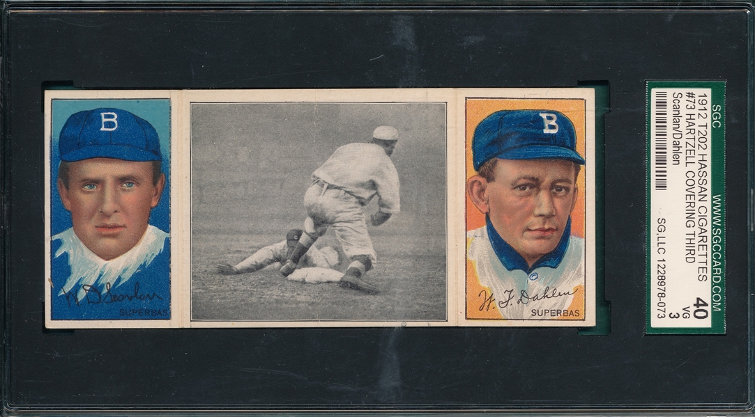 1912 T202 Hartzell Covering Third, Scanlan/Dahlen, Hassan Cigarettes Triple Folder SGC 40