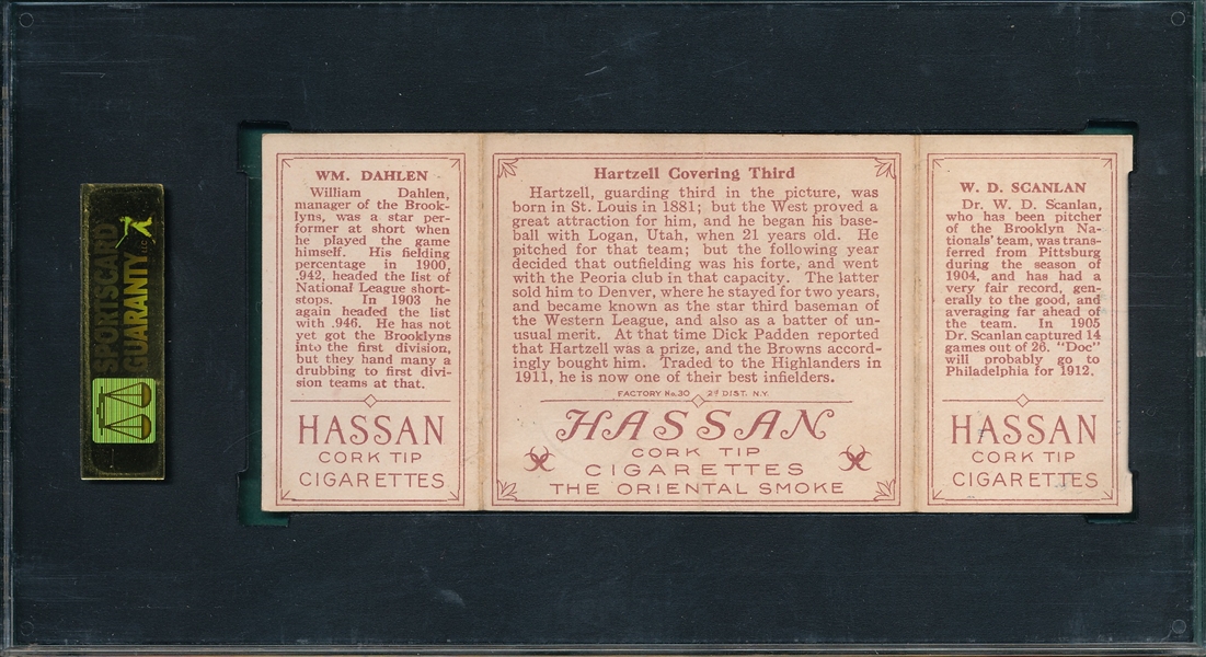 1912 T202 Hartzell Covering Third, Scanlan/Dahlen, Hassan Cigarettes Triple Folder SGC 40