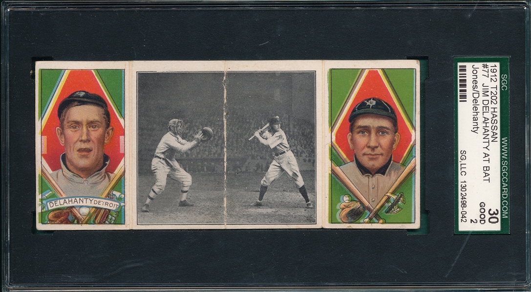 1912 T202 Jim Delehanty At Bat, Delehanty/D. Jones, Hassan Cigarettes Triple Folder SGC 30