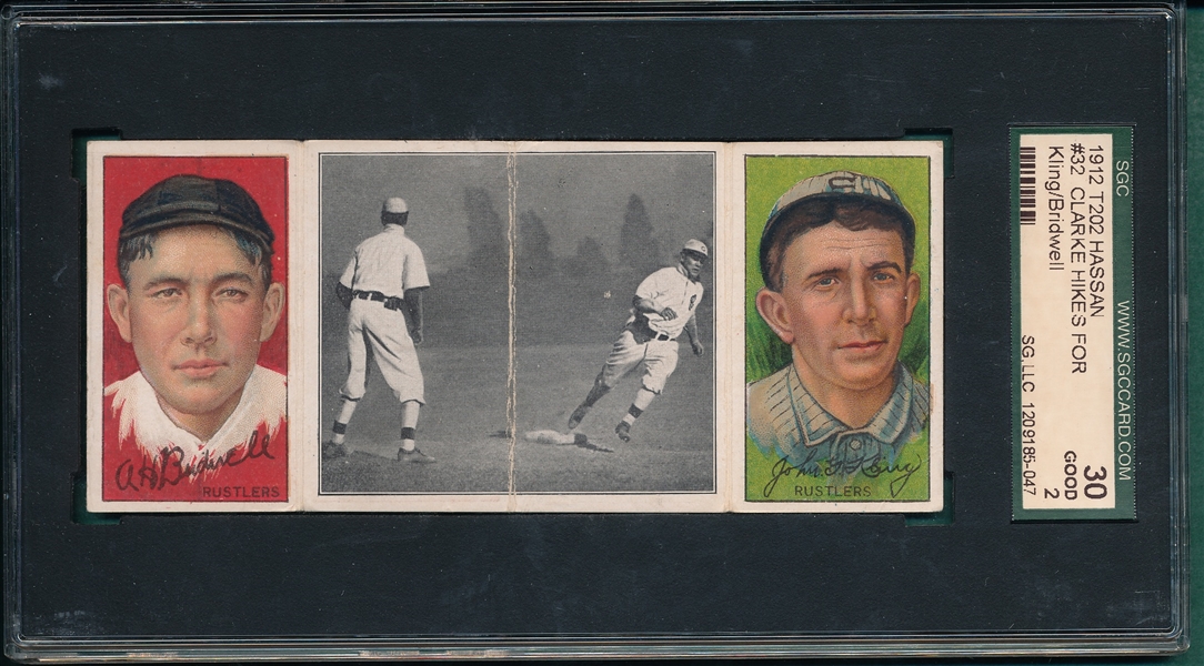 1912 T202 Clarke Hikes For Home, Bridwell/Kling, Hassan Cigarettes Triple Folder SGC 30