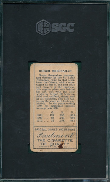 1911 T205 Bresnahan, Mouth Closed, Piedmont Cigarettes SGC 2.5