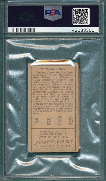 1911 T205 Jones, Tom, Honest Long Cut PSA 3