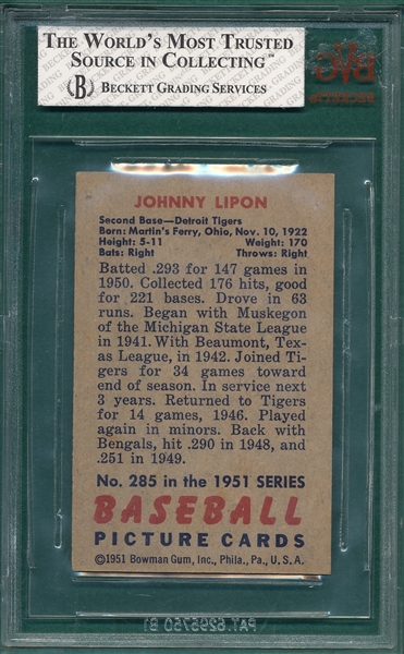 1951 Bowman #285 Johnny Lipon BVG 6.5