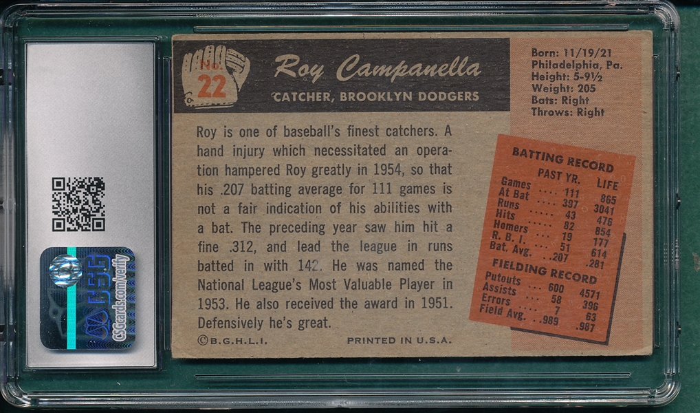1955 Bowman #22 Roy Campanella CSG 3