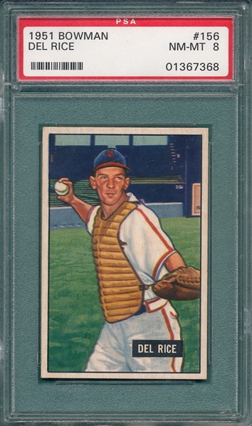 1951 Bowman #156 Del Rice PSA 8 
