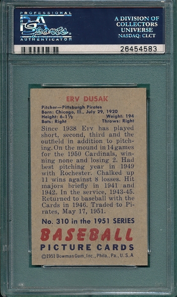 1951 Bowman #310 Erv Dusak PSA 7 *Hi #*