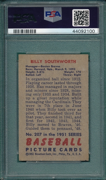 1951 Bowman #207 Billy Southworth PSA 7
