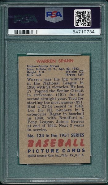 1951 Bowman #134 Warren Spahn PSA 4