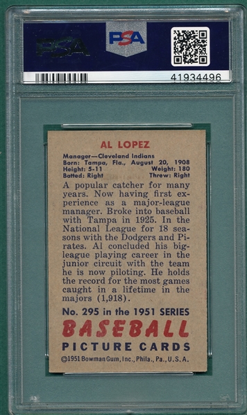 1951 Bowman #295 Al Lopez PSA 6 *Hi #*
