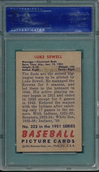 1951 Bowman #322 Luke Sewell PSA 6 *Hi #*