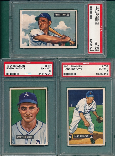 1951 Bowman #227, #250 & #261, Hi #, Lot of (3), PSA 6