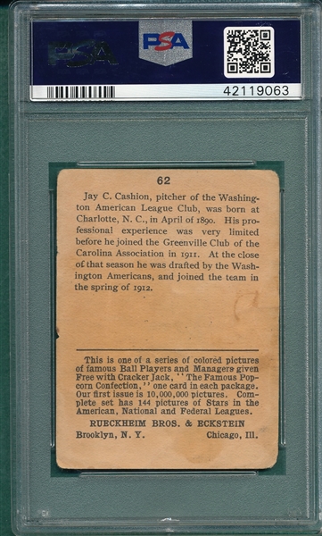 1914 Cracker Jack #62 Jay Cashion PSA 1