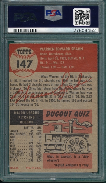 1953 Topps #147 Warren Spahn PSA 4.5