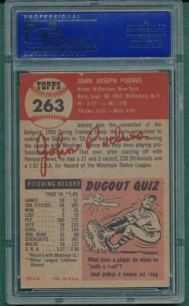 1953 Topps #263 John Podres PSA 4 *Hi #* *Rookie*