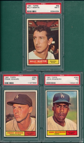 1961 Topps #89 Martin, #280 Howard & #363 Roseboro, Lot of (3), PSA 7