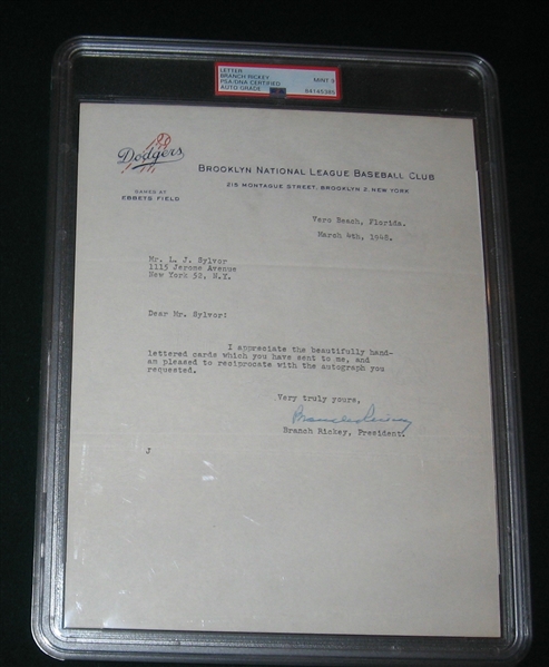 Branch Rickey, Signed Brooklyn Dodgers Letter Head PSA 9