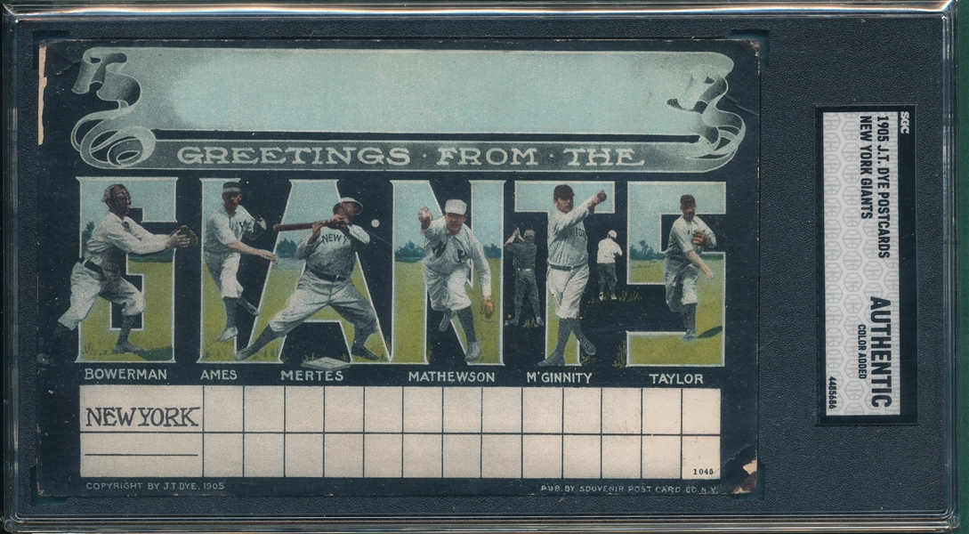 1905 J. T. Dye New York Giants Postcard W/ McGinnity & Mathewson, SGC Authentic