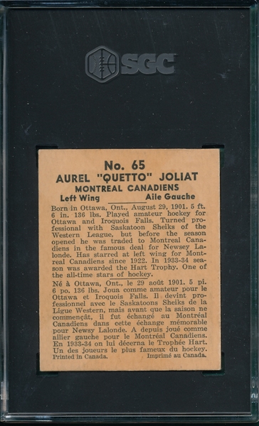 1936-37 World Wide Gum Co. #65 Aurel Joliat SGC 3.5
