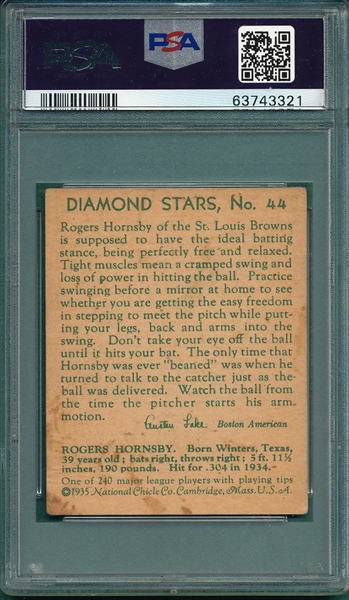 1934-36 Diamond Stars, #44 Rogers Hornsby, PSA 2