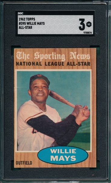 1962 Topps #395 Willie Mays, AS, SGC 3