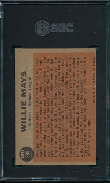 1962 Topps #395 Willie Mays, AS, SGC 3
