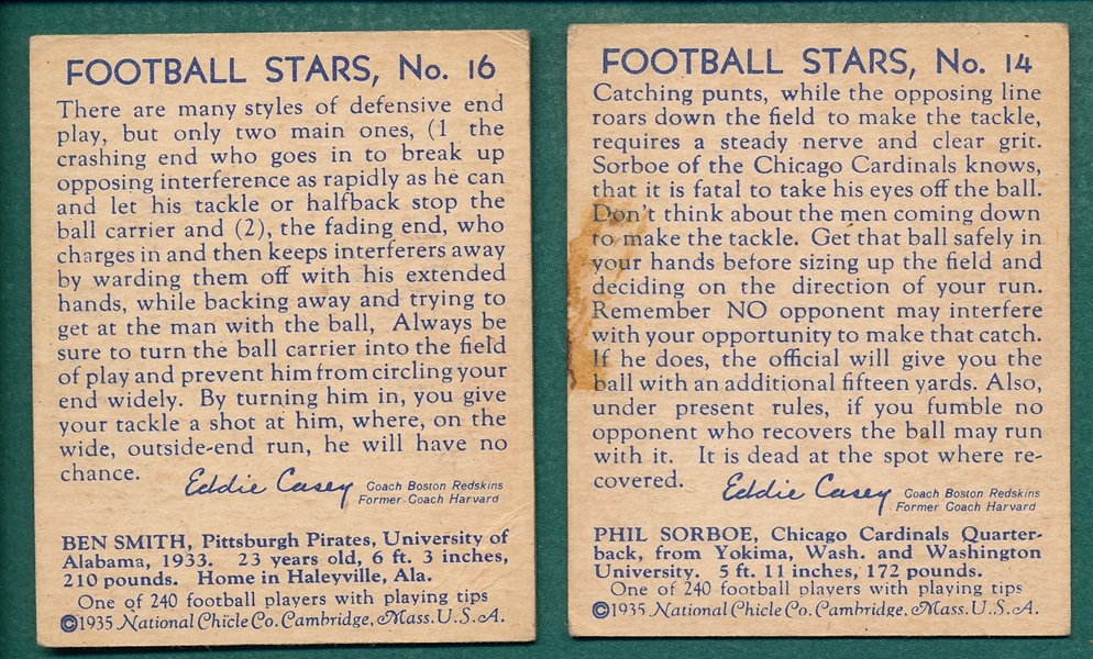 1935 National Chicle Football #14 Sorboe & #16 Ben Smith, Lot of (2)