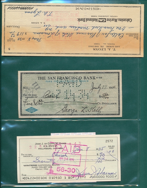 Lot of (3) Signed Checks of HOfers W/ Lyons
