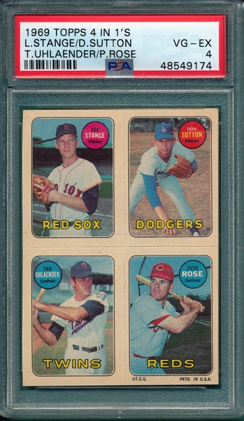 1969 Topps Baseball 4 In 1's, Stange/Sutton/Uhlander/Rose, PSA 4