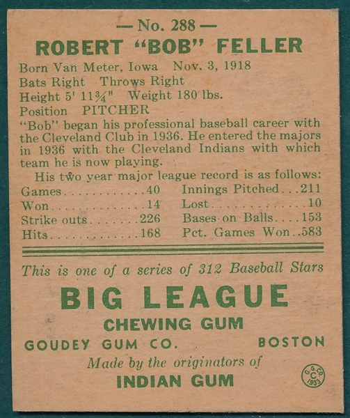 1938 Goudey Heads Up #288 Bob Feller