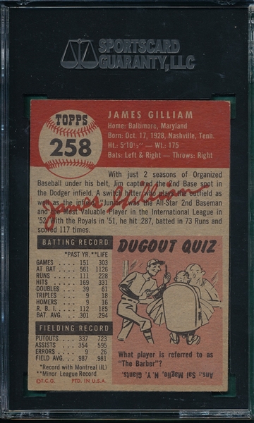 1953 Topps #258 Jim Gilliam SGC 50 *Hi #* *Rookie*