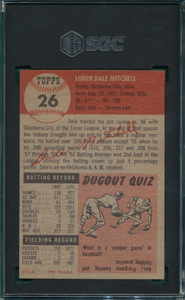 1953 Topps #26 Dale Mitchell SGC 7
