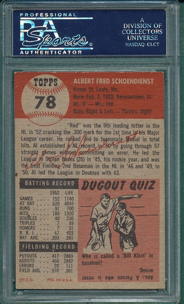 1953 Topps #78 Al Schoendienst PSA 6