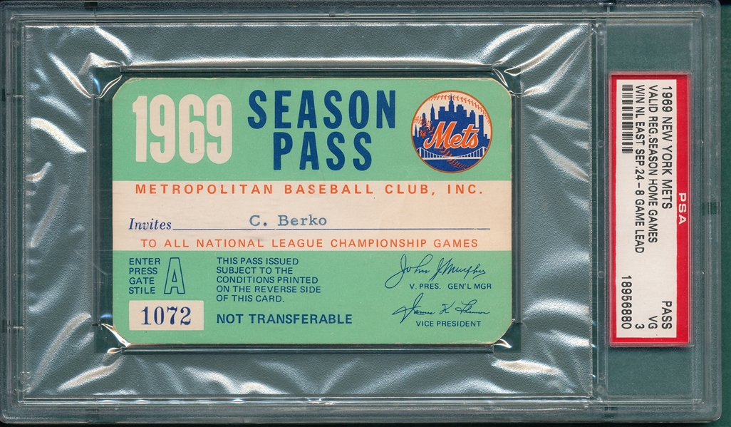 1969 New York Mets Season Pass PSA 3