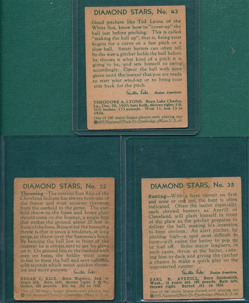 1934-36 Diamond Stars #32 Rice, #35 Averil and #43 Lyons, Lot of (3)