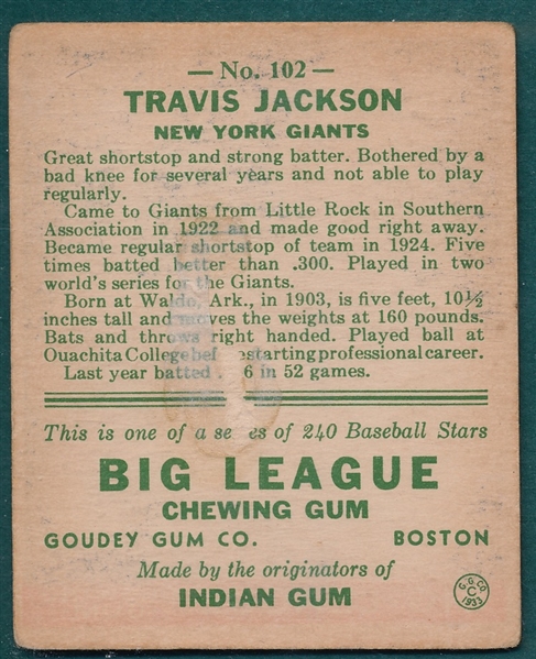 1933 Goudey #102 Travis Jackson 